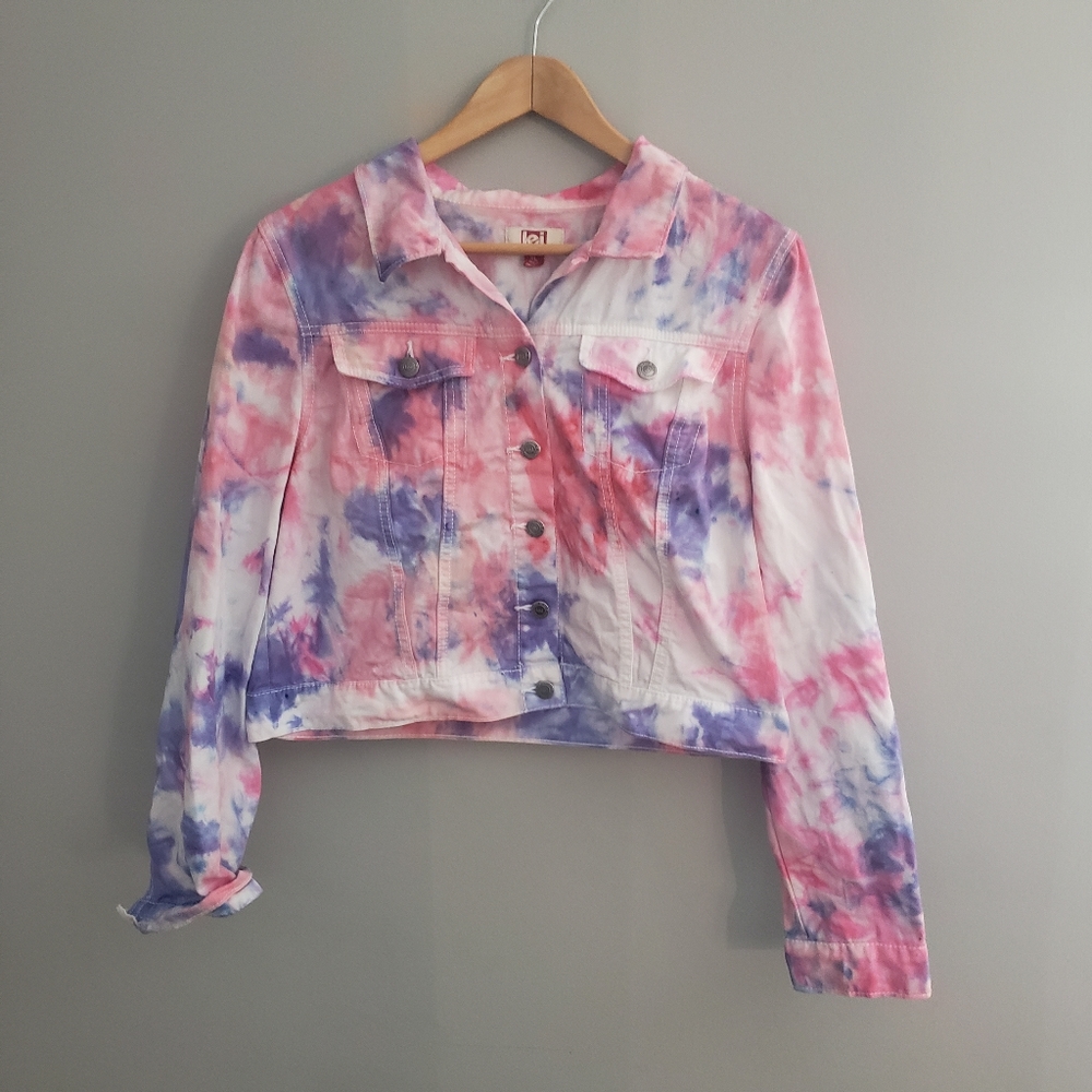 Custom made Y2K White pink and purple tie dyed jean jacket XL